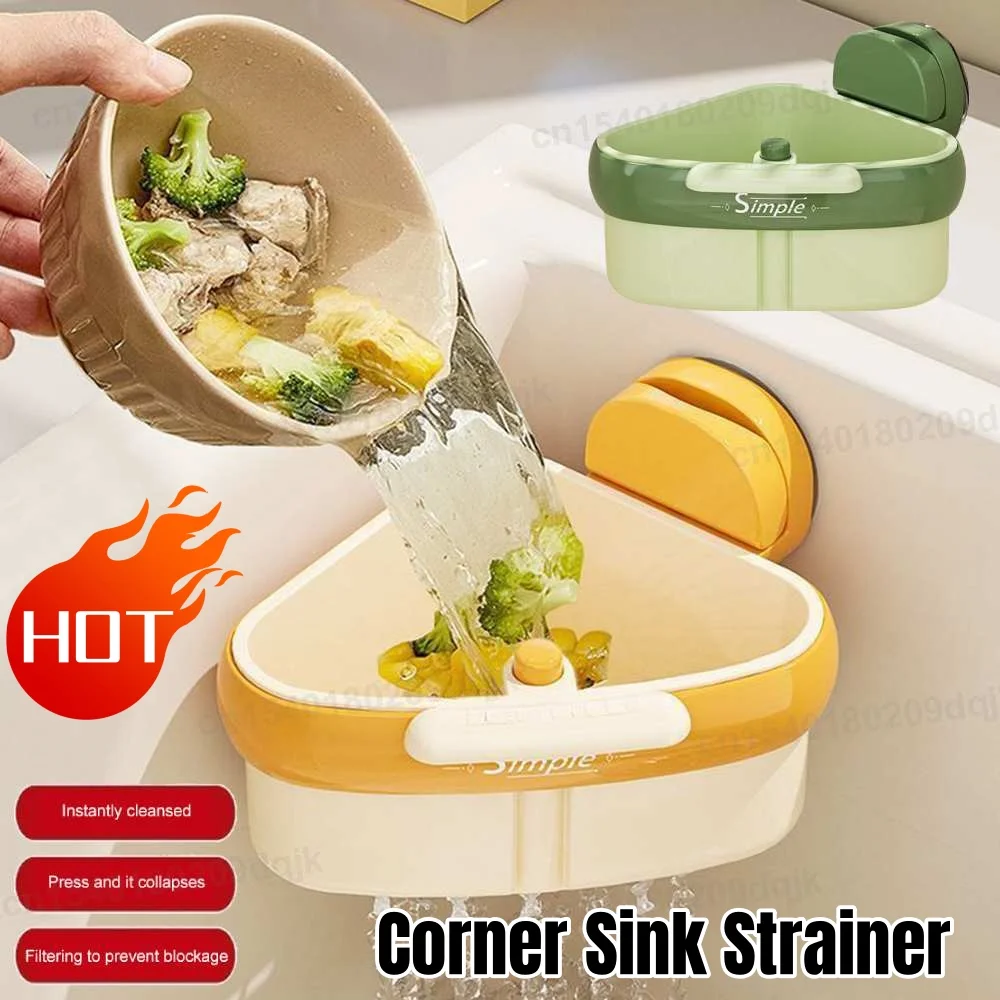 Corner Sink Strainer | Suction Cup Sink Corner Rack | Sinks Trash Waste Catcher | Press Automatic Dumping Sinks Drainer Basket