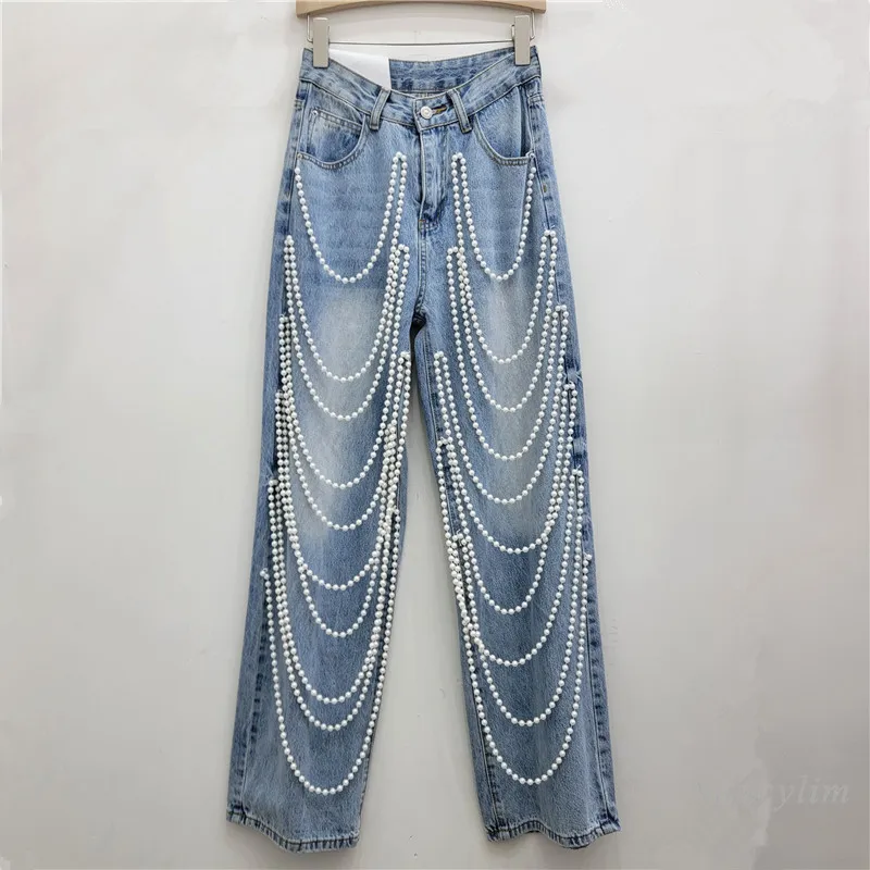 

Design Sense Heavy Industry Pearl Jeans Women's Spring Fall New High Waist Loose and Skinny Versatile Straight Wide Leg Pants