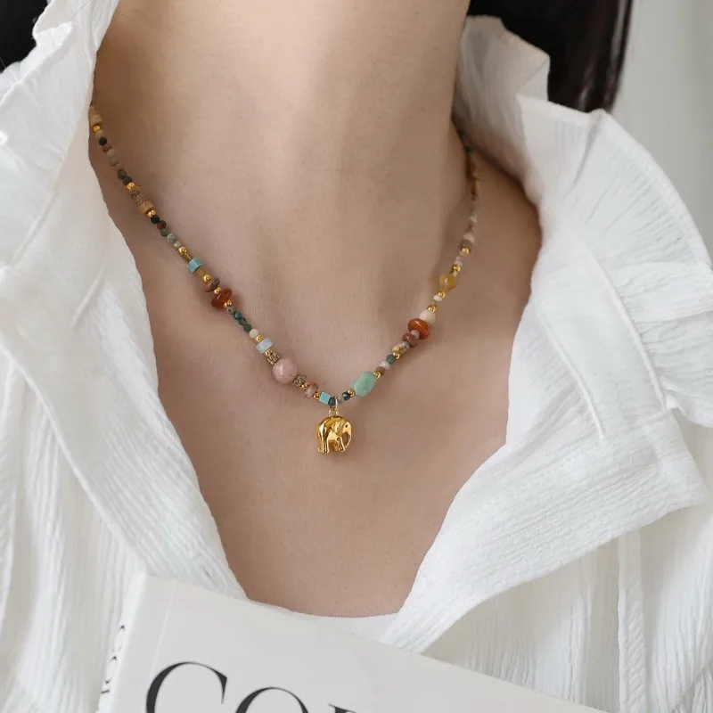 French Vintage Elephant Colorful Natural Stone Beaded Choker Necklace for Women Summer Nonfading Layered Handmade Jewelry Gift