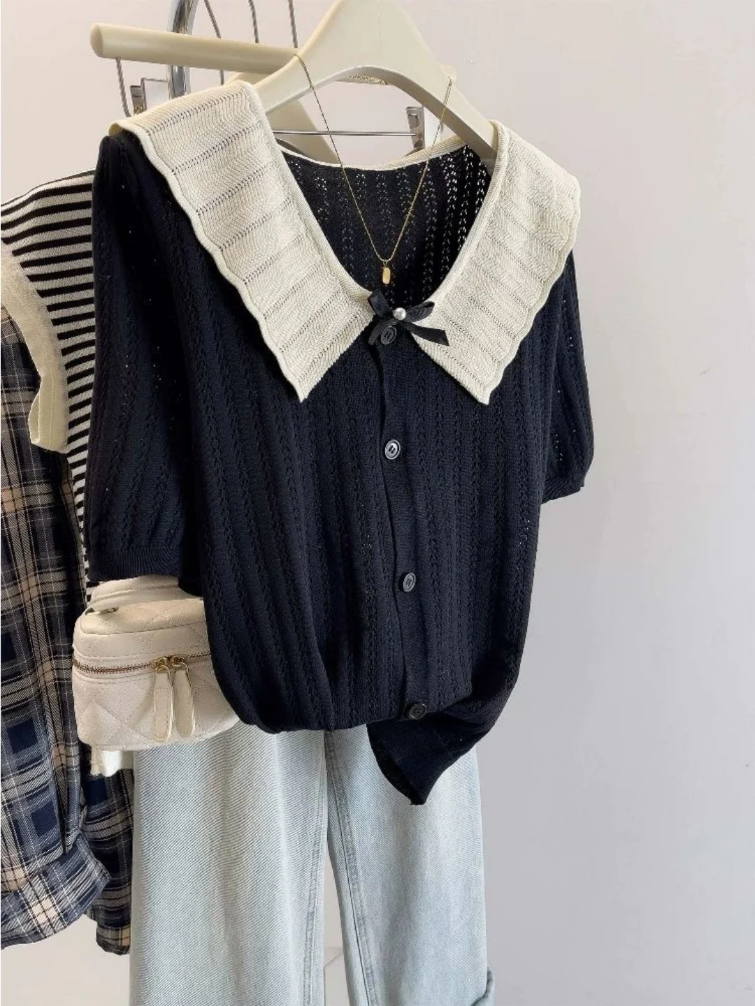 Sweet Style Short Sleeve Knitted Sweater Loose Fit Thin Summer Top Color Block Doll Collar Casual Wear for Young Women