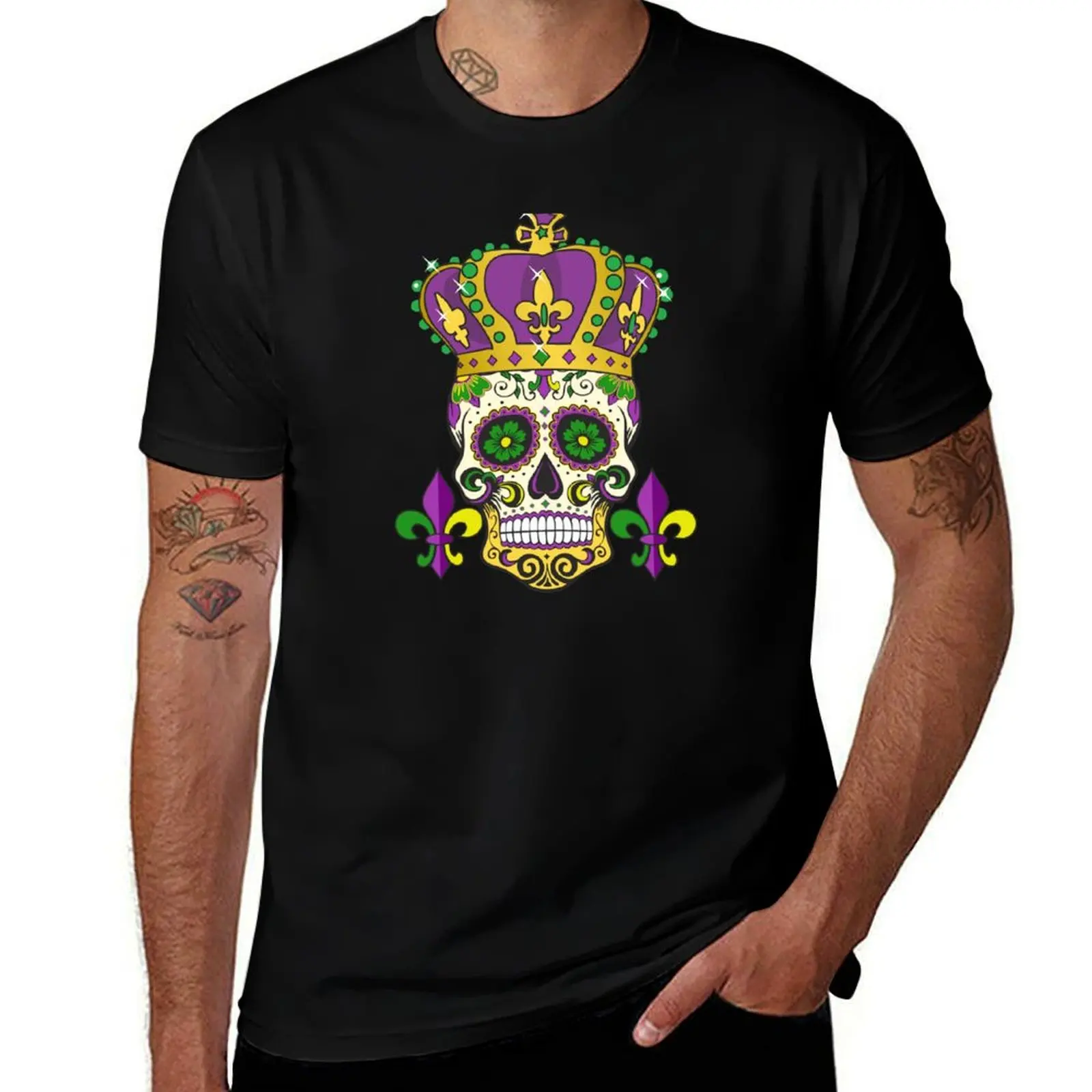 Mardi Gras Sugar Skull Tattooed Jester Hat King of The Parade T-Shirt man t shirts graphic t shirt man designer T-shirt