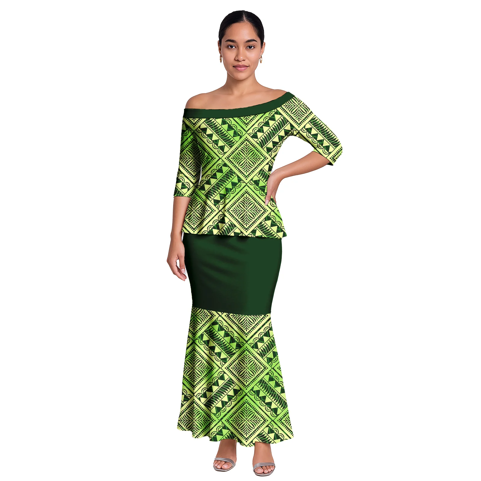 جودة عالية شعار مخصص الملابس ساموا التصميم الكلاسيكي بلوزات والتنانير 2 قطعة مجموعة فستان المرأة البولينيزية الأنيقة هاواي Puletasi