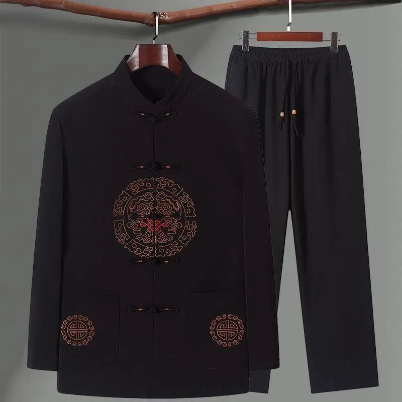 Spring Chinese Traditional Men's Stand Collar Tang Suit Clothing Kung Fu Embroidery Jacket Coat