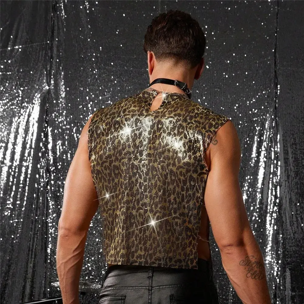 European & American Men's Leopard Print Cutout Tank Top Metallic Sequined Fitted T-Shirt Sexy