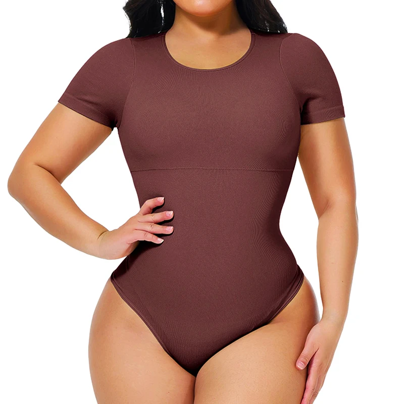 GUUDIA Built in Bra Open Crotch Round Neck Seamless Elastic Tummy Control Women Short Sleeve Thong Bodysuit Workout Jumpsuit Top