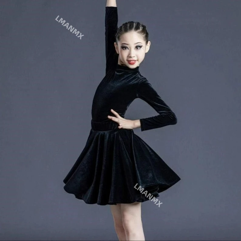 Traje de dança latina infantil, traje de dança para meninas, desempenho de competição de prática infantil, saia de dança latina, top dividido