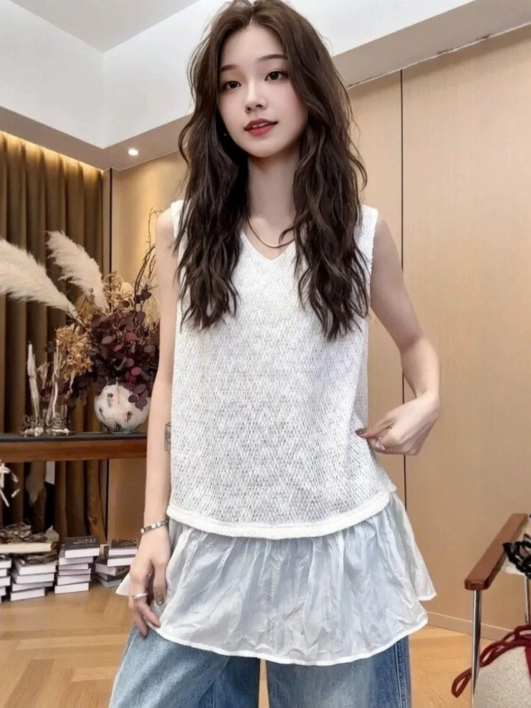 Korean Style V-Neck Lace Patchwork Sleeveless Vest Women's plus Size 300 Pounds Extra Large Casual Loose Outerwear Top