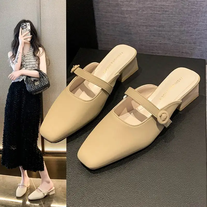 

Retro Square Head Slip-On Low Heel Chunky Heel Women's Sandals Casual Slipper Comfortable Walking Shoes Fashionable Summer Sa...