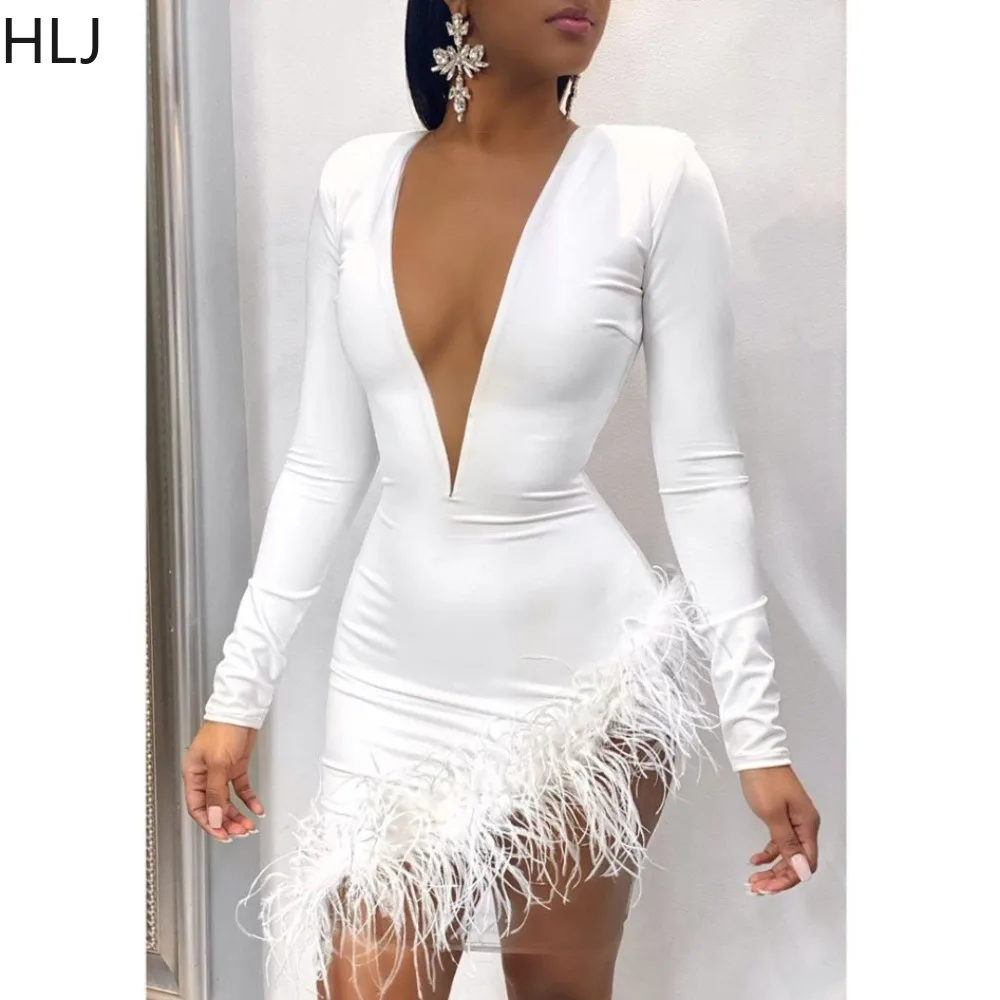 

HLJ Sexy Feather Splicing Mesh Bodycon Mini Dresses Women Deep V Long Sleeve Irregular Slim Party Club Vestidos Fashion Clothing