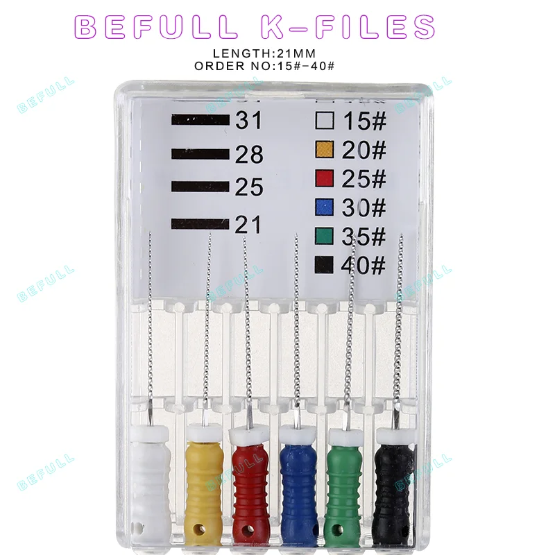 K-FILES dentales (uso manual), herramientas de dentista, Canal radicular endodóntico, archivos de tratamiento de archivo de HEDSTROEM, 21/25/31mm, 6 unids/lote por paquete