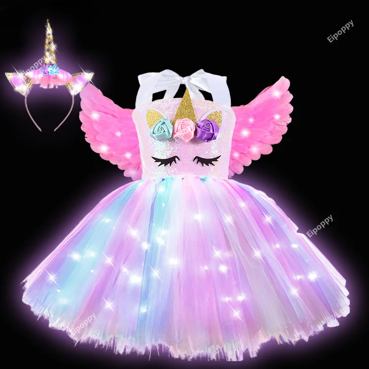 Children LED Glowing Dresses Wings Headband Stage Costume for Girl Halloween Party