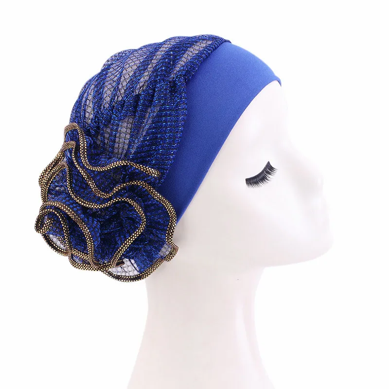 Women Shiny Glitter Flower Turban Elastic Hijab Bonnet Stylish Head Wrap Bridal Wedding Headwear Outdoor Hair Cover Caps