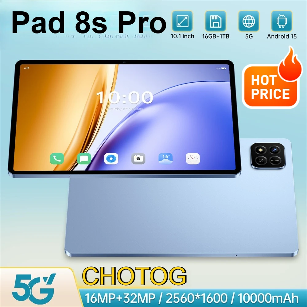 CHOTOG NEUES Pad 8s Pro Tablet 10,1 Zoll HD Android Tablets 5G Dual SIM 22GB RAM 2TB ROM Tabs 10000mAh Globale Version Tablet-PC GPS Gesichtserkennung WLAN Tab für Kinder Tabs