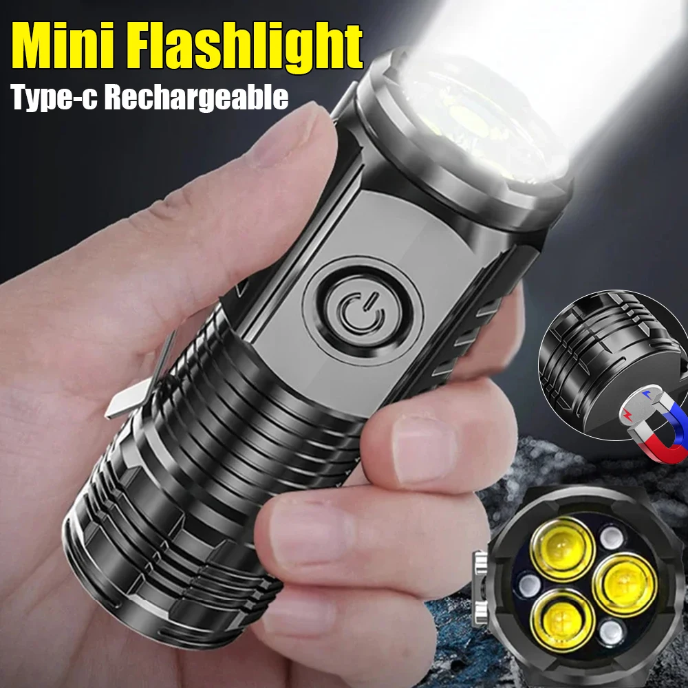 New Ultra Powerful Magnetic Flashlight Outdoors Camping 3LED Mini Tactical Torch Type-c Rechargeable High Power LED Work Lights