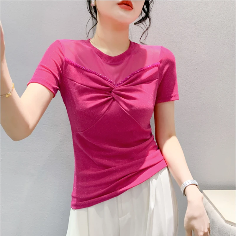 #7219 Stretch Mesh T Shirt Women Round Neck Sexy Tight T-shirt Female Short Sleeve Split Joint Folds Diamonds Skinny Tshirt Thin