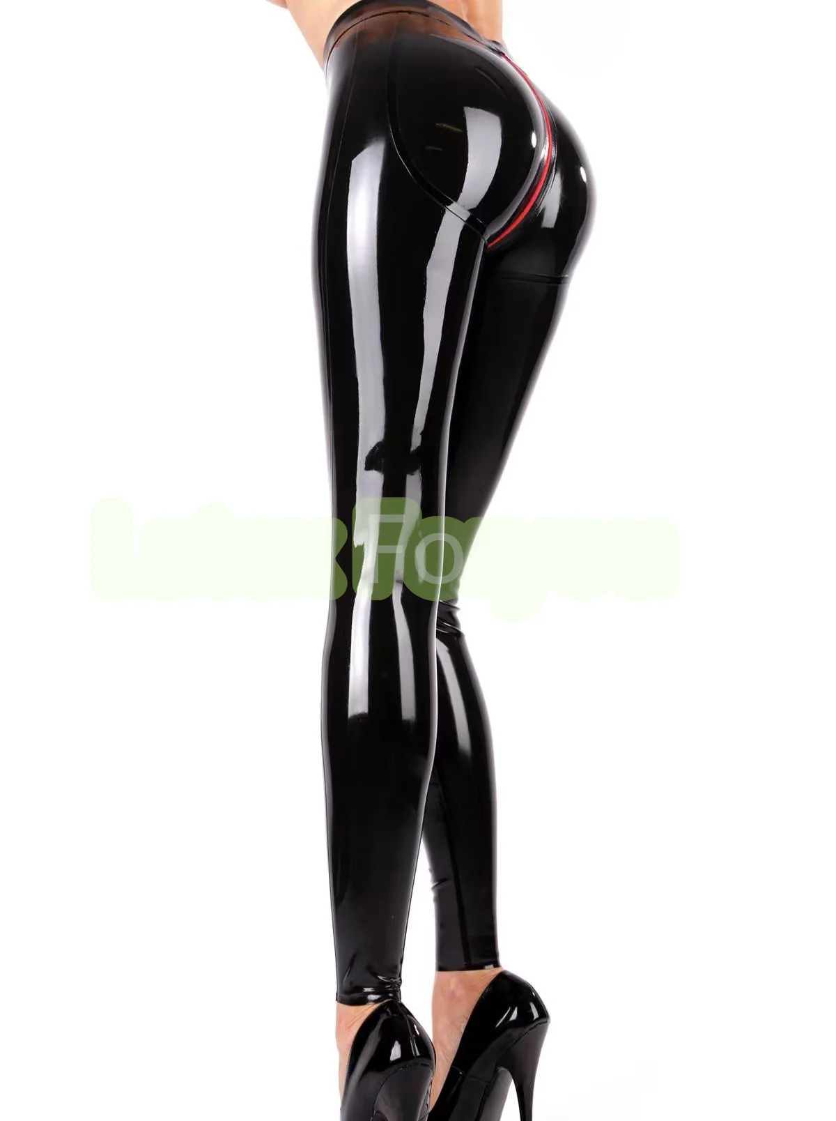 Natuurlijke handgemaakte 100% latex 3D heupen gesneden hoge taille rubber slanke zwarte legging met rode kruis zip vrouwen sexy rubberen broek