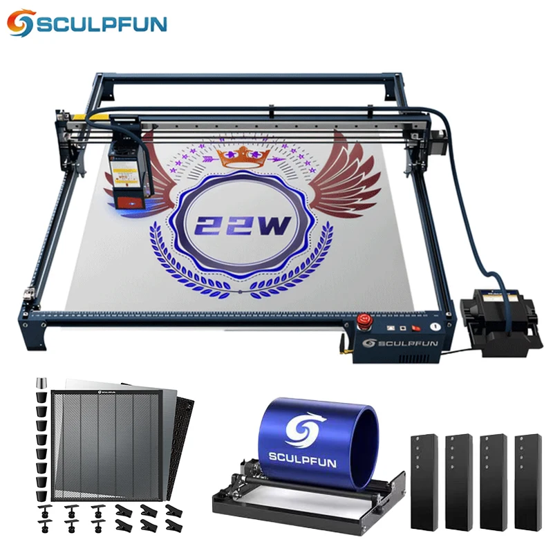 

SCULPFUN S30 Ultra 22W Engraver Automatic Air-assist System Laser Engraving Machine with 600x600mm Honeycomb Rotary Roller Kit