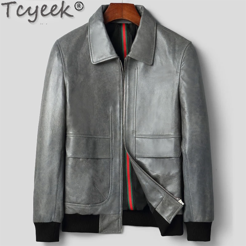 

Tcyeek Genuine Leather Sheepskin Coat for Man Lapel Korean Motocycle Jacket Spring Fall Fashion Men Leather Jacket Jaqueta Moto