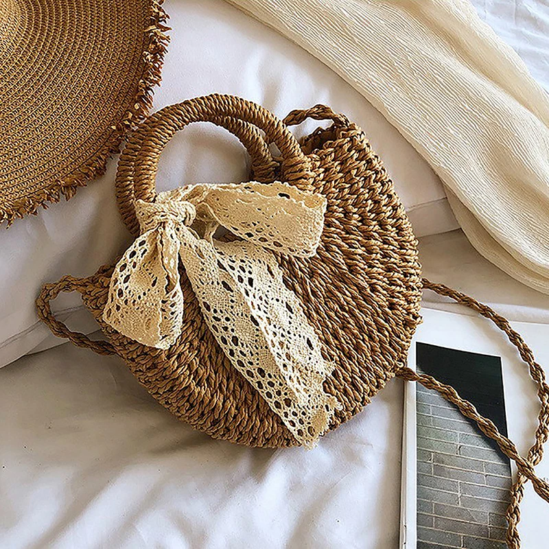 Sac à main demi-rond en rotin pour femmes, fait à la main, en paille tissée, sacoche à bandoulière d'été, petit sac de plage pour filles