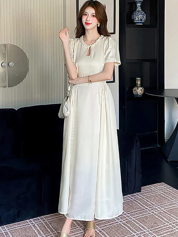 

Women Korean Vintage Luxury Beading Dress Summer White Satin Short Sleeve Hollow Out Dress 2025 Elegant Bodycon One Piece Dress