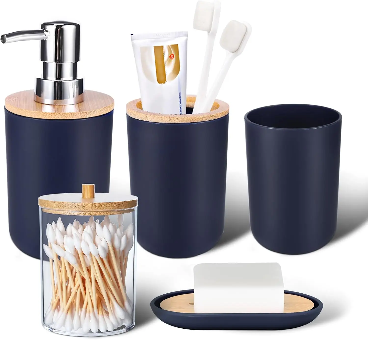 

5-Piece Navy Blue Bathroom Set with Toothbrush Holder, Cup, Soap Dispenser, Dish & Qtip Holder for Stylish Decor