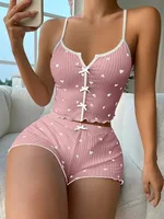 Sleepwear Women Pajamas Set Heart Print Soft Ribbed Fabric with Flirty Frill Trim Casual Cami Top and Shorts Sets Loungewear 4