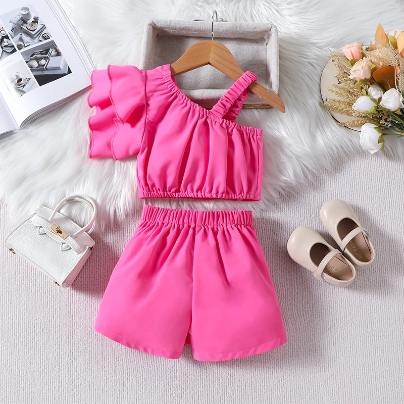 

Kids Girls Ruffle Sleeve Asymmetric One Shoulder Crop Tops and Shorts Skirt Solid Color Summer Outfits Set 18M-6Y