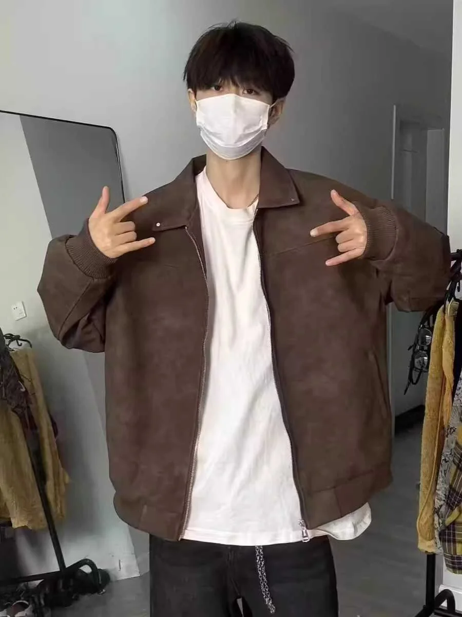 

American Retro Rivet Jaet Aged Leather Coat ex Stand Collar All-Match Outerwear for Men And Women Youth Faion