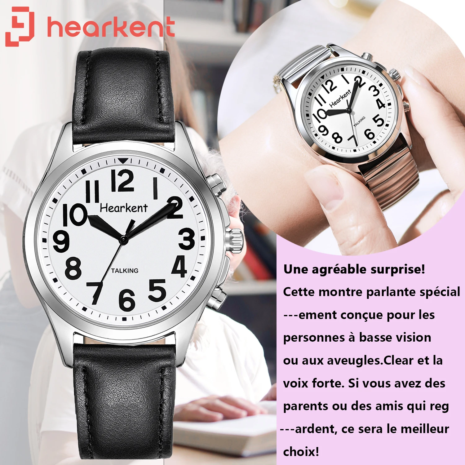 Hearkent French Talking Watch for Blind Women with Alarm Voice Large Number Ladies Quartz Watches Seniors Fashion Wristwatches