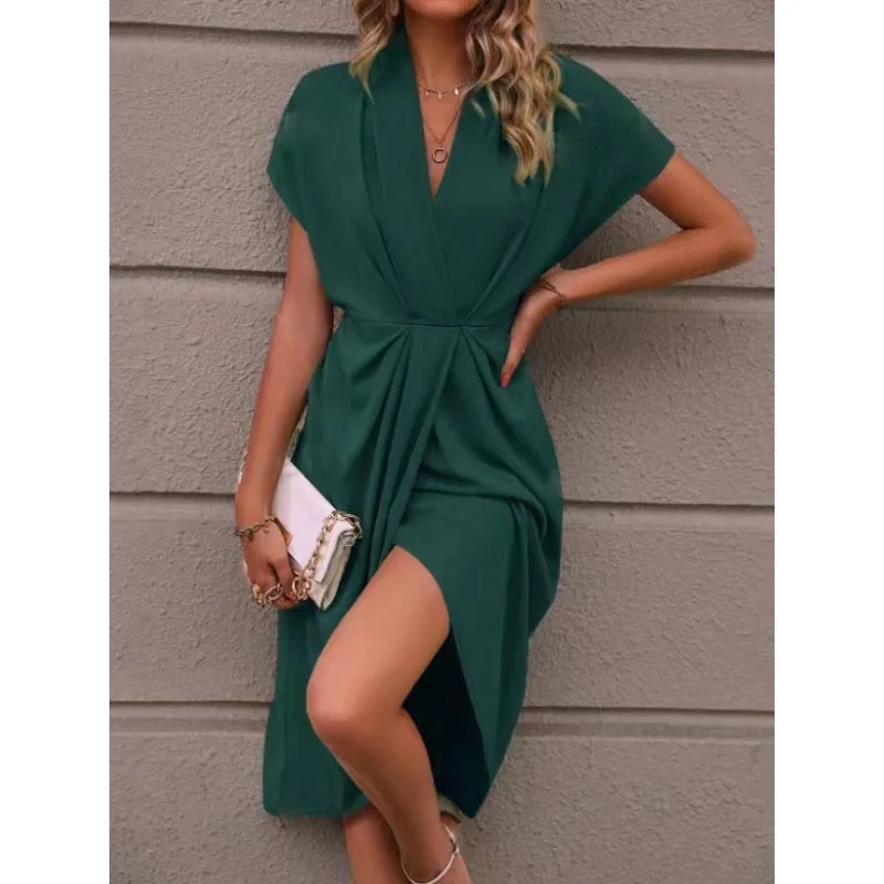 2026 Sommer Damen Wickelkleid mit V-Ausschnitt, kurzen Ärmeln, einfarbig, Taillenband und asymmetrischem Saum, Midikleid