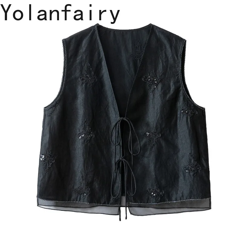 YOLANFAIRY High-end 100% Real Mulberry Silk Vest Women Summer Top Xiangyunsha Shirts Blouses Embroidery Drawstring Tie Waistcoat