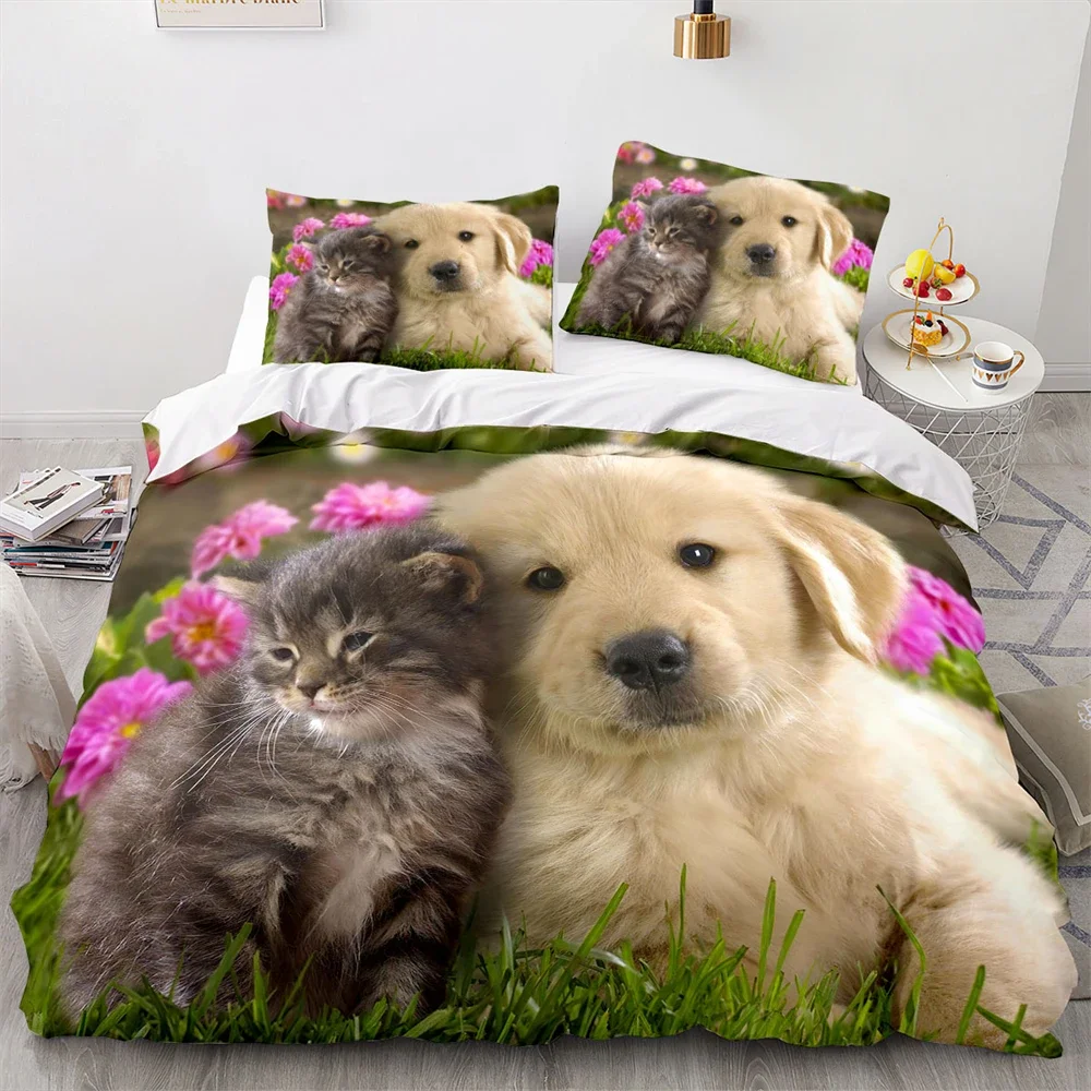 Cute Puppy Dog Kitten Cat Animals 3D Print Duvet Cover Set Twin Full Queen King Size Bedding Set Bedclothes for Kids Adults Gift