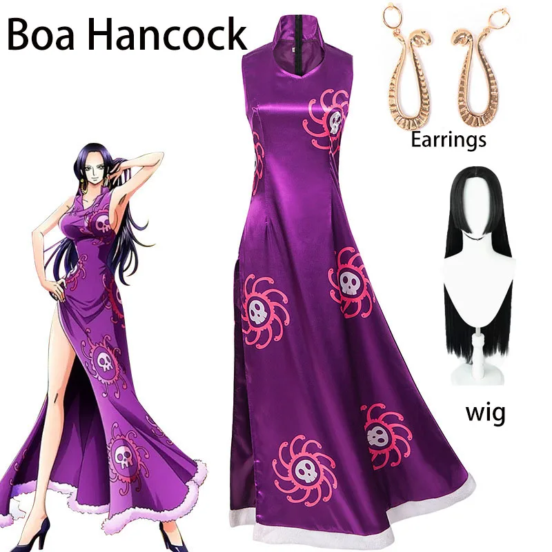 Disfraz de Cosplay de Boa Hancock, Reina Pirata, Vestido Cheongsam Morado de Satén con Pendientes de Serpiente, Peluca Larga Negra, Atuendo de Fiesta para Mujer