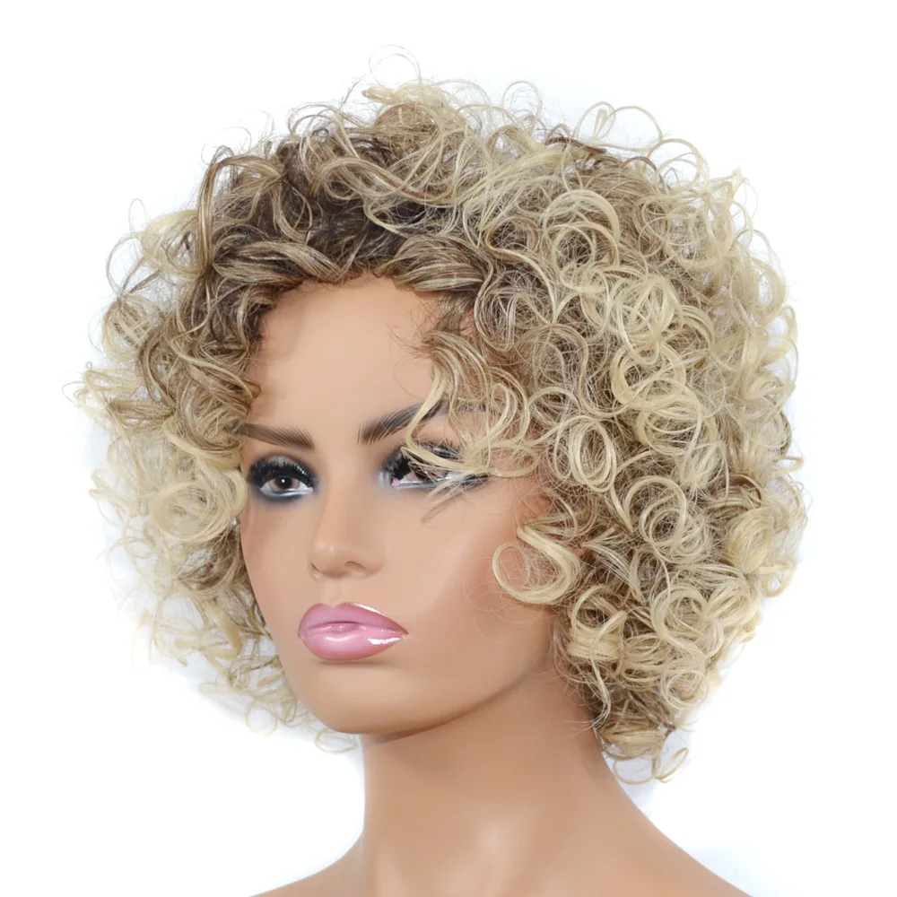 

Golden yellow short synthetic wig headband short hair large curls fluffy explosion hairstyle fluffy curl celebrity same style