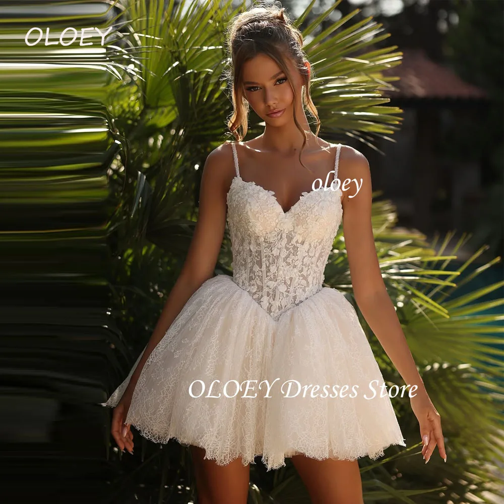 

OLOEY Luxury Lace Mini Short Wedding Dresses Spaghetti Straps Fitted Boning Country bride Gowns vestido Customized Plus Size
