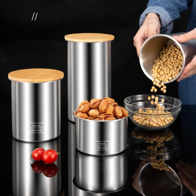 316 Stainless Steel Sealed Jar 304 Food Grade Storage Jars Refrigerator Fresh-keeping Box Coffee Bean Jar Mix Grain Tea Jar