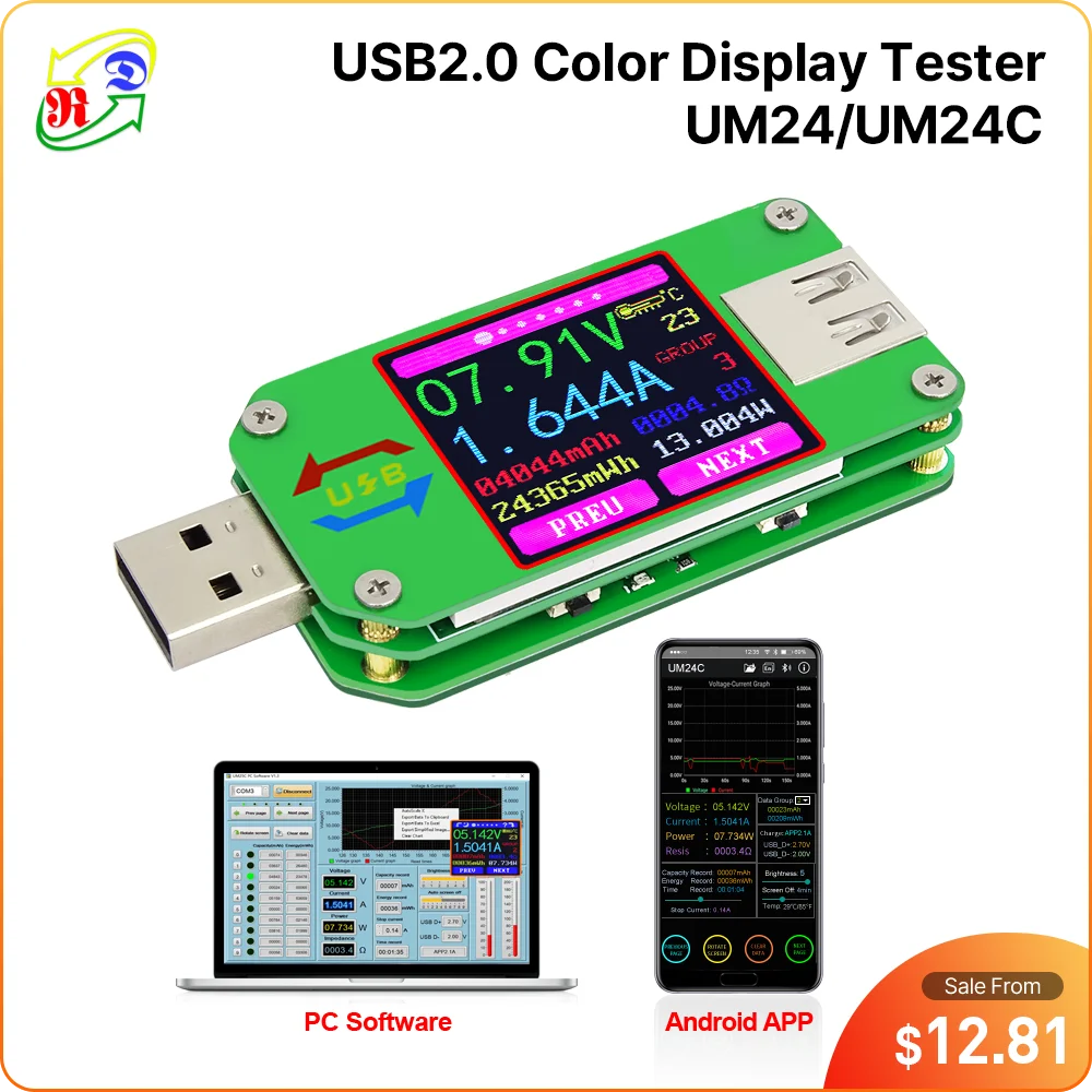 RD UM24 UM24C APP USB 2.0 Wyświetlacz LCD Woltomierz amperomierz Miernik napięcia ładowania akumulatora Multimetr Kabel pomiarowy Tester