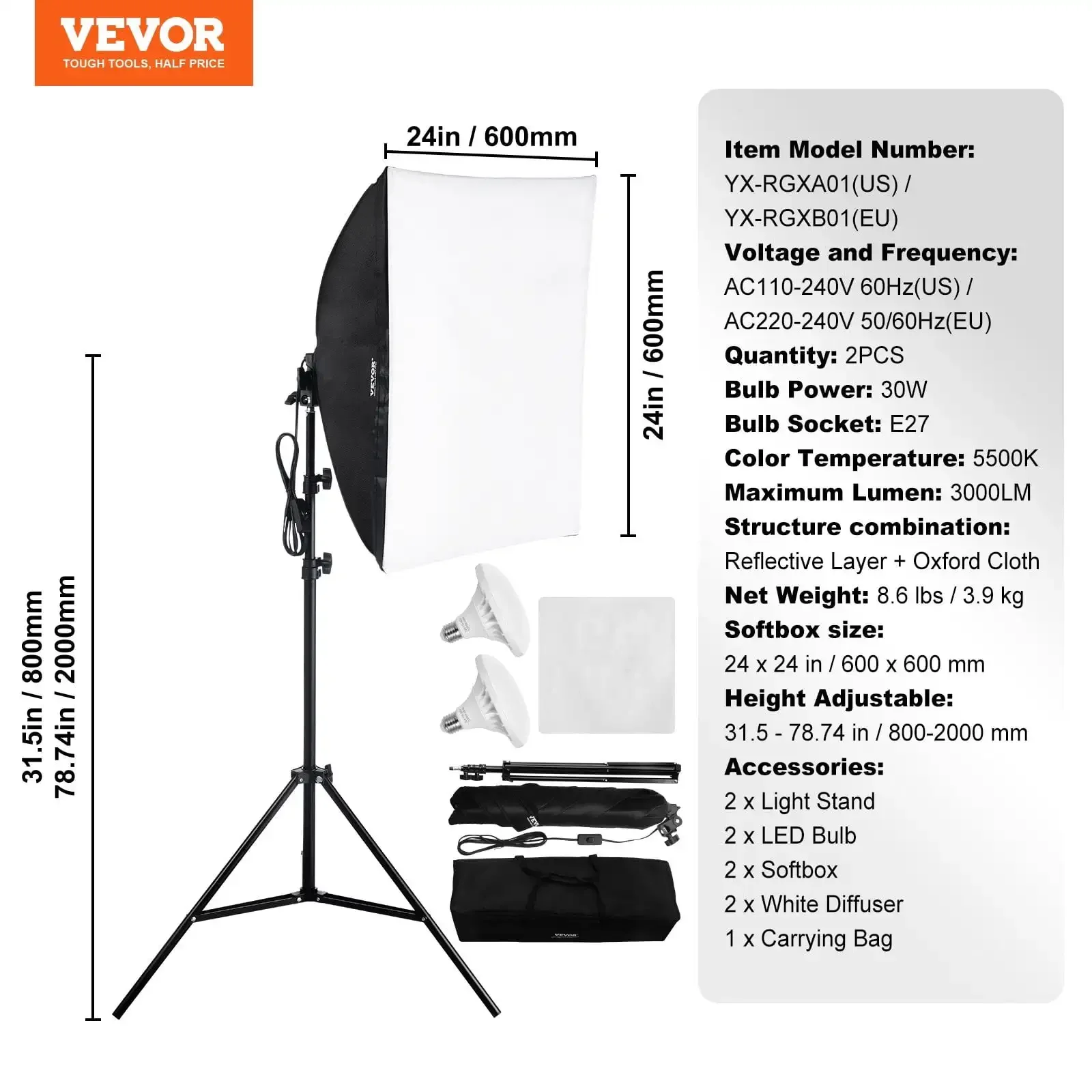 Kit de iluminação Softbox 24 pol. x 24 pol. 30W 5500K lâmpadas LED suporte ajustável