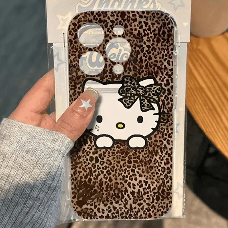 Brown leopard print Hello Kitty Creative Cute Phone Case For iPhone 16 15 14 13 12 11 Pro Max XR XS Max 7 8 Plus Y2K Lucky Cover