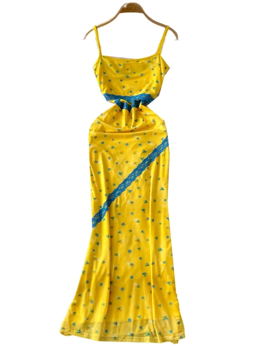 Foamlina Vacation Yellow Slimming Maxi Dress Women's Summer Sexy Backless Halter Floral Lace Cutout Cinched Waist Long Dress