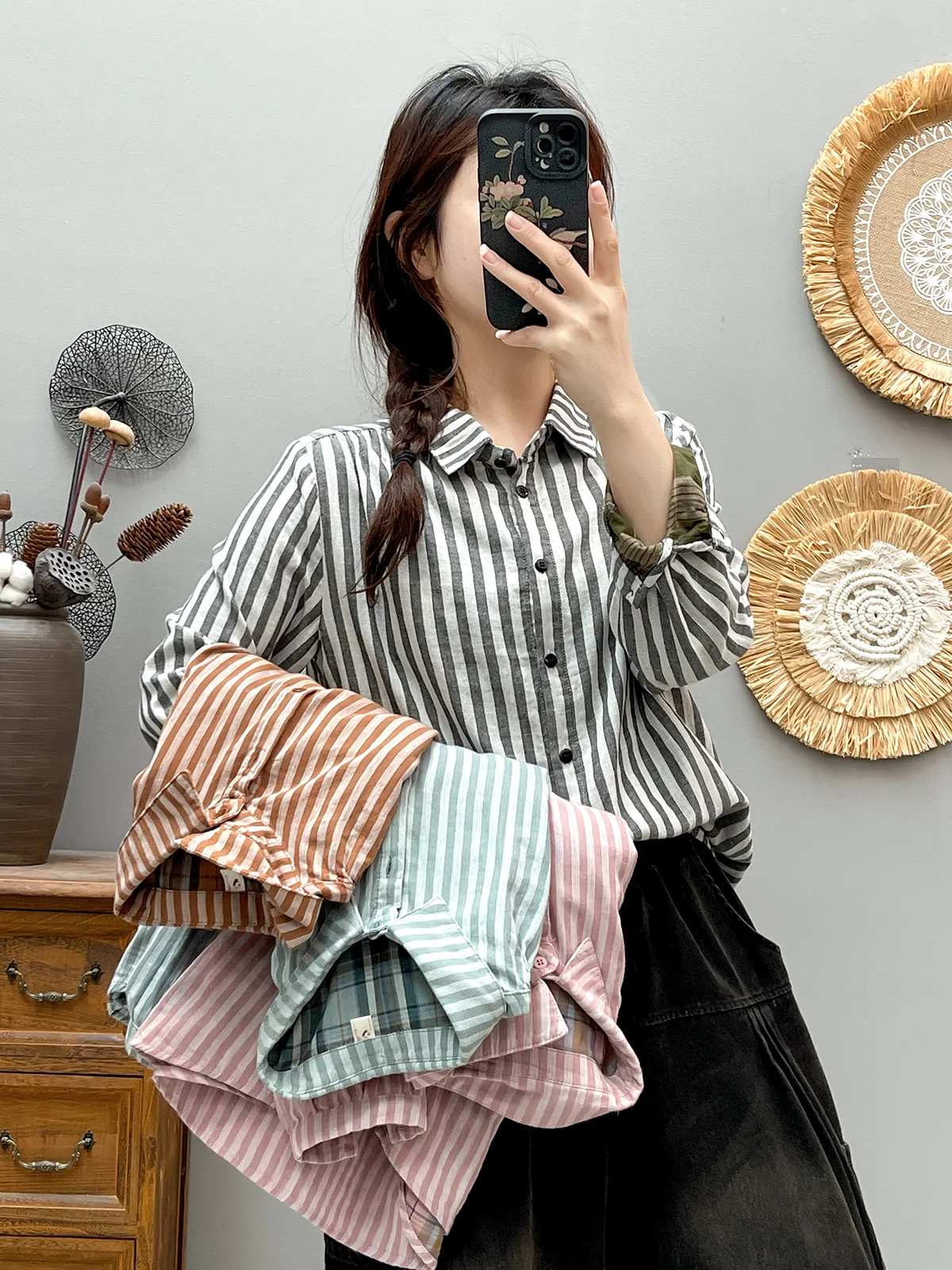 

100% Cotton Yarn Classic Striped Woman Japan Fashion Autumn Blouses Shirt Lady Long Sleeve Lapel Loose Blusas Top Female