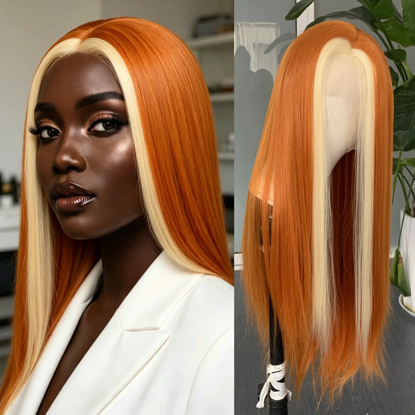13x4 Ginger Orange Wig with Blonde Highlight Lace Front Wig Pre Plucked with Natural Hairline Straight Synthetic Wig