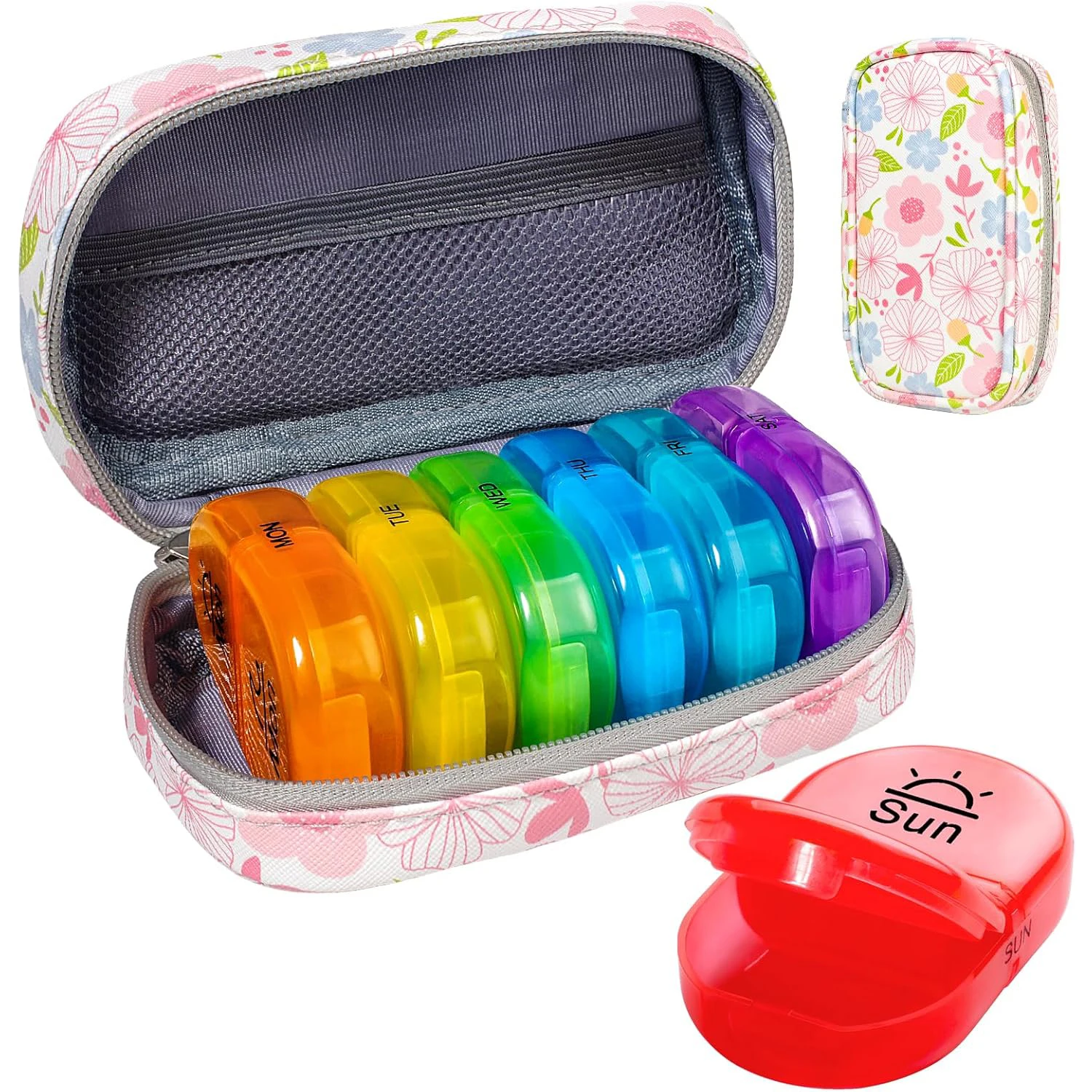 7-Day Weekly Pill Organizer with Zippered PU Pouch - Vibrant Rainbow Design, Portable Medicine Storage for Vitamins, Fish Oil