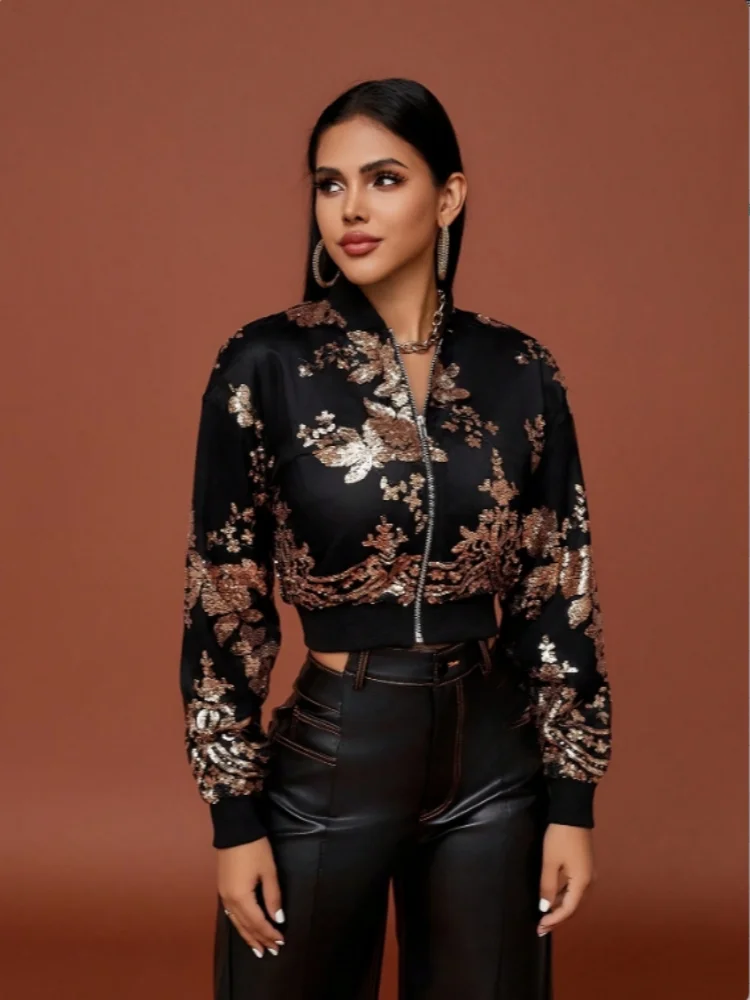 D&M Hot selling 2024 NEW Women Chic Sequin Embellished Short Jacket Casual Round Neck Long Sleeved Autumn Lady Elegant Coats