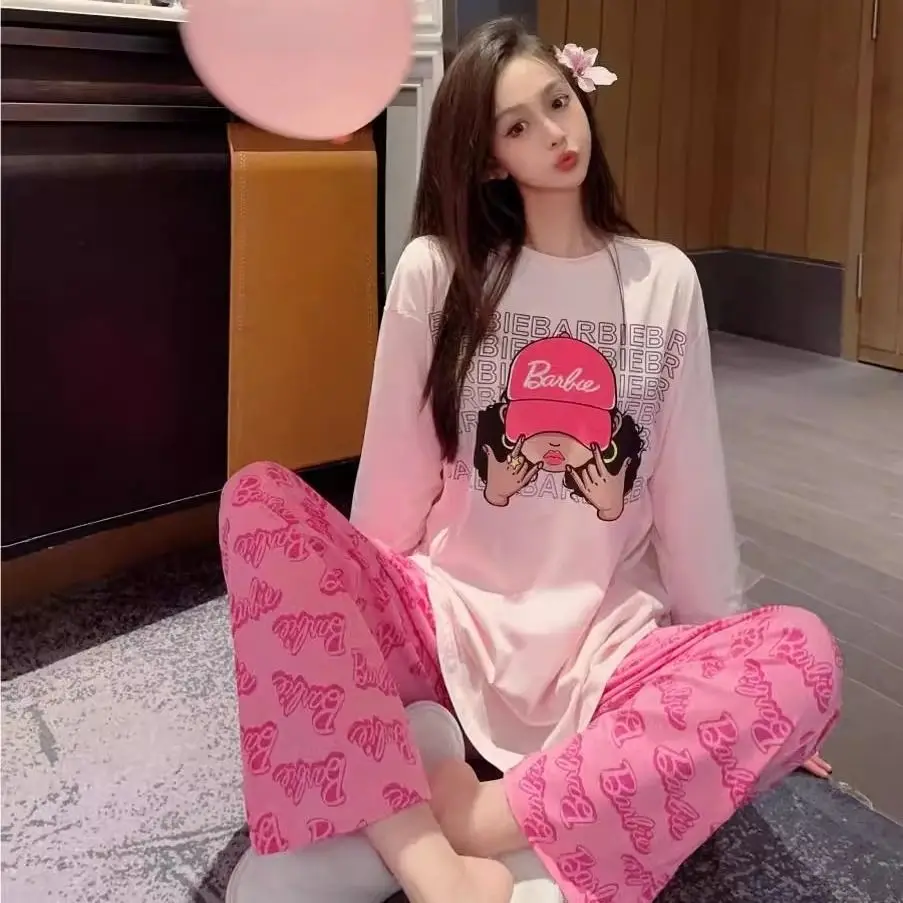 

2pcs Large Size Barbie Matching Pajamas Pink Girl Autumn Cartoon Pyjama Ladies Round Neck Long Sleeve Kawaii Tops Pants Homeware