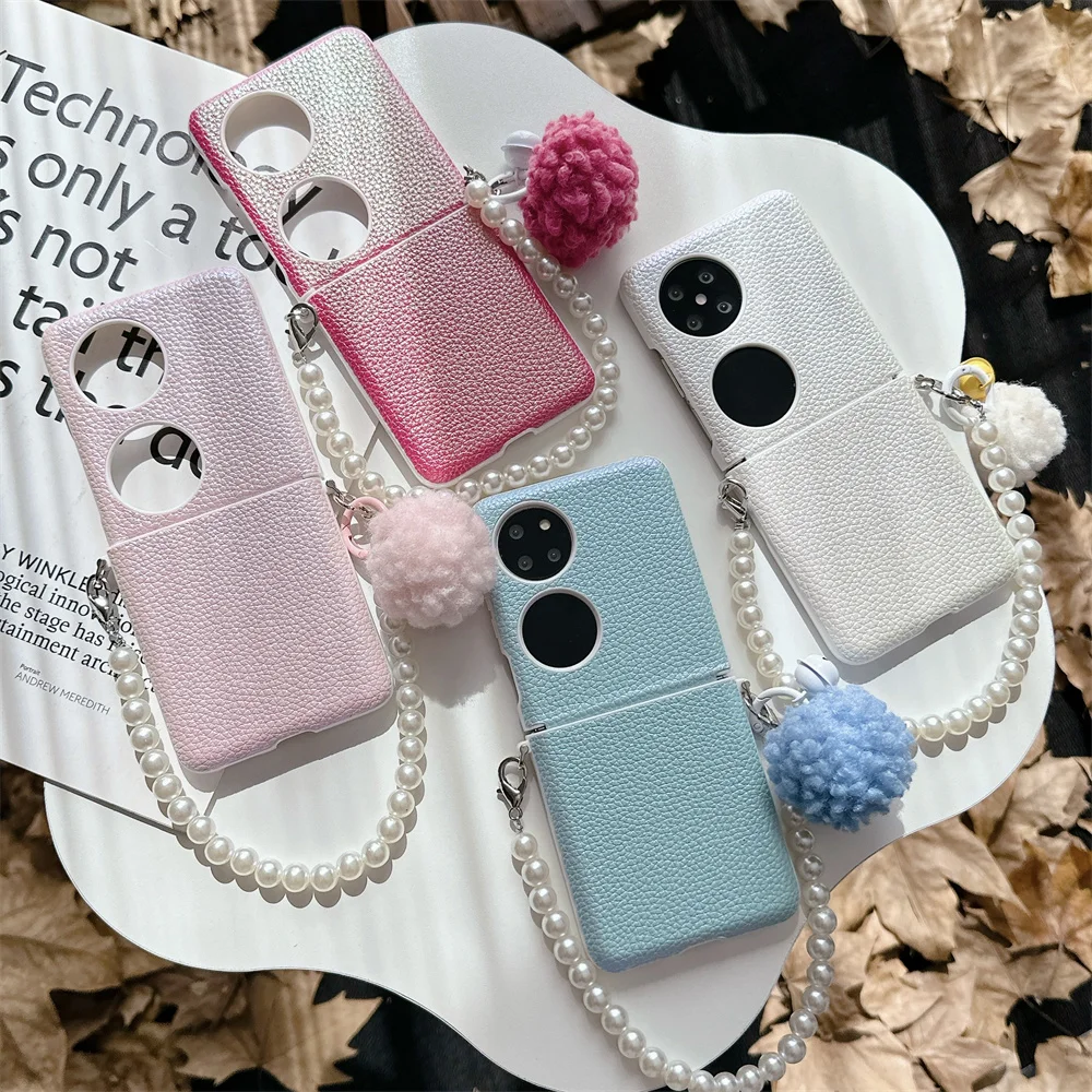 

Litchi Pattern Phone Case For HuaWei P50 Pocket 2 Bracelet Hairball PC Hard Shell Protective Back Cover