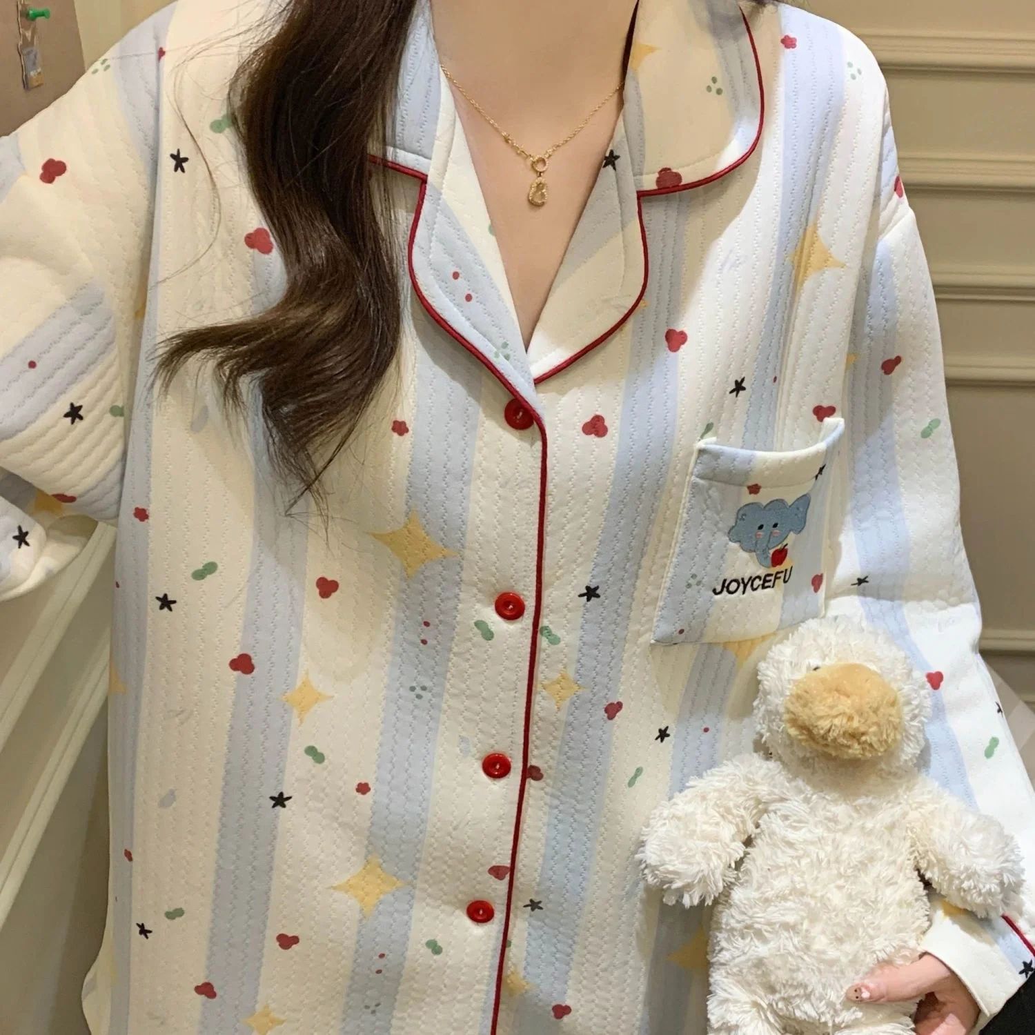 

Thickened Embroidered Cartoon Air Cotton Sleepwear Women's Warm Home Clothes Striped Outerwear Autumn Winter New Style