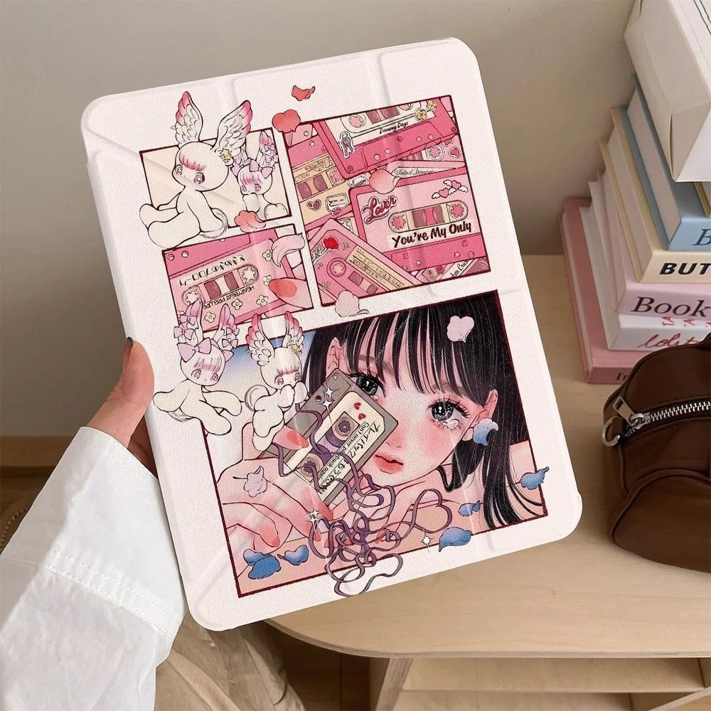 Kawaii Retro Pink Anime Girl Cute Y2K Tablet Case For iPad Pro 11 12.9 13 A16 M2 M4 M3 M5 5/6/7/8/9/10/11th Mini Air 3 4 5 Cover