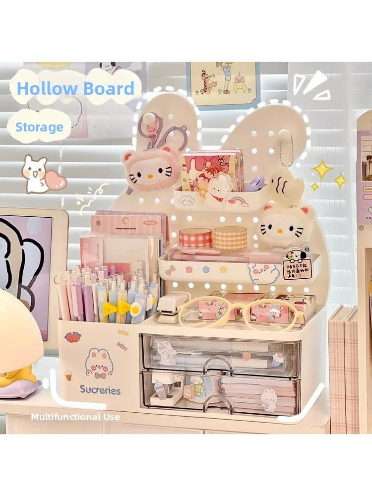 かわいいデスクトップホールボード収納ボックス学生デスクオーガナイザー化粧品メイクアップバニティデスク整理ツールプラスチック引き出しスタイル