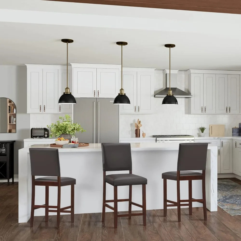 Upholstered Back Counter Height Stool with Faux Leather Seat and Wood Base